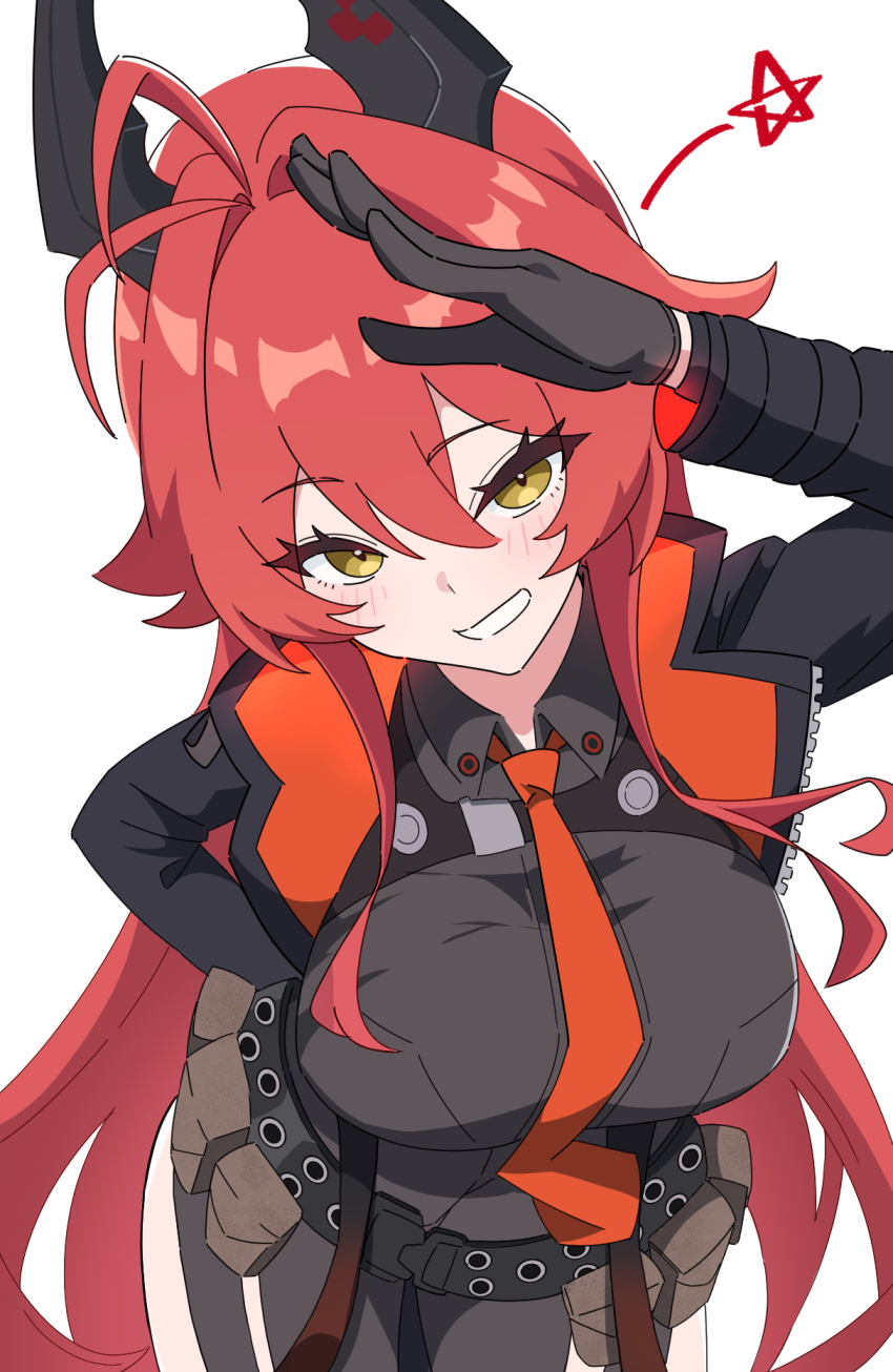 1girl arm_pouch belt_pouch beret black_jacket blush breasts collared_leotard cosplay gloves goddess_of_victory:_nikke hair_between_eyes hat highres horns jacket jin_(jjj) large_breasts long_hair long_sleeves looking_at_viewer mechanical_horns necktie pouch rapi_(nikke) rapi_(nikke)_(cosplay) red_hair red_hood_(nikke) simple_background smile solo standing thighhighs thighs two-tone_gloves very_long_hair white_background yellow_eyes