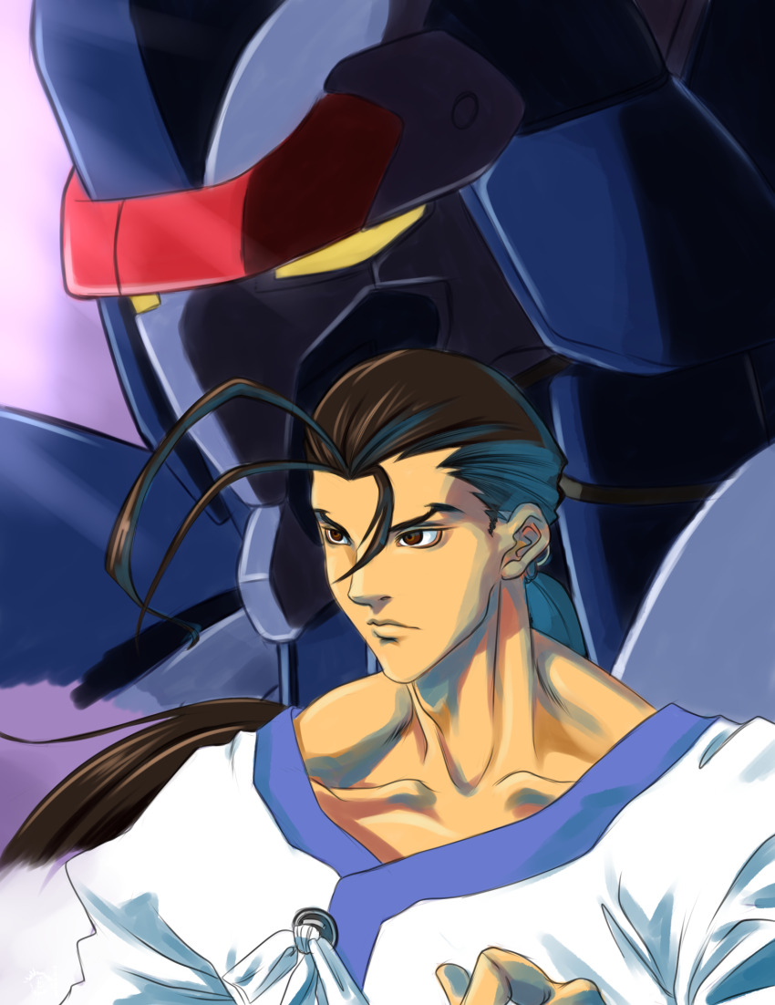 1boy ahoge blumiu brown_eyes collarbone fei_fong_wong highres long_hair male_focus mecha ponytail robot upper_body weltall xenogears