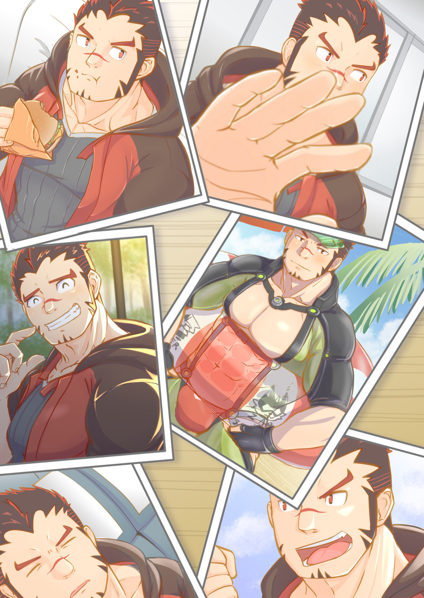 1boy ^_^ absurdres akashi_(live_a_hero) akashi_(water_bullet)_(live_a_hero) averting_eyes bara bare_pectorals blush bodysuit burger character_print closed_eyes collage embarrassed facial_hair finger_to_cheek food goatee green_bodysuit grin highres live_a_hero long_sideburns looking_to_the_side male_focus male_swimwear muscular muscular_male outstretched_hand pectorals photo_(object) red_eyes red_hair red_male_swimwear rubbing_nose ryekie_(live_a_hero) sabita_kan scar scar_on_face scar_on_nose short_hair sideburns smile thick_eyebrows