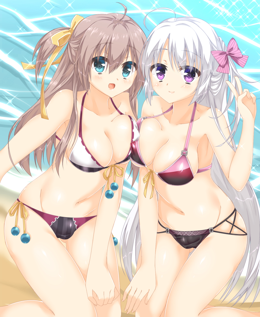 2girls :d ahoge alternate_costume alternate_hairstyle aqua_eyes ayachi_nene bare_shoulders beach bikini black_bikini blush bobbles bow breast_press breasts brown_hair cameltoe cleavage closed_mouth collarbone colored_eyelashes commentary_request covered_erect_nipples day eyes_visible_through_hair feet_out_of_frame front-tie_bikini_top front-tie_top fuyukichi_(nikoniko1567) gluteal_fold grey_hair groin hair_between_eyes hair_bow hair_ribbon halterneck hand_on_own_thigh hand_up happy highres kneeling large_breasts long_hair looking_at_viewer multi-strapped_bikini_bottom multicolored_bikini multiple_girls navel ocean one_side_up open_mouth outdoors pink_bow purple_eyes ribbon sanoba_witch shiiba_tsumugi side-by-side sidelocks skindentation smile sparkle stomach straight_hair swimsuit symmetrical_docking thigh_gap thighs two-tone_bikini v variant_set very_long_hair white_bikini yellow_bow yellow_ribbon