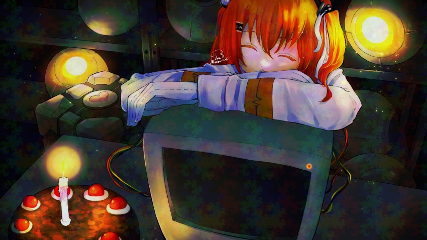 1girl a.i._voice adachi_rei aperture_science_weighted_companion_cube cable cake candle closed_eyes computer_chip covered_mouth crt dark facing_viewer food gloves hair_ornament hair_ribbon highres ikamusume_(ika98326) indoors jacket lens_eye long_sleeves monitor one_side_up orange_hair portal_(series) portal_1 ribbon signature solo utau white_gloves white_jacket white_ribbon