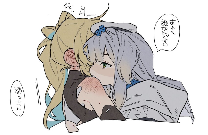 2girls black_shirt blonde_hair blue_hair blush commentary_request dayama ear_blush gloves green_eyes grey_hair grey_jacket hand_under_clothes hand_under_shirt highres jacket long_hair multicolored_hair multiple_girls nijisanji parted_lips shioriha_ruri shirt shoulder_blush simple_background sleeveless sleeveless_shirt speech_bubble streaked_hair sweat tachitsute_toto translation_request upper_body virtual_youtuber white_background white_gloves yuri