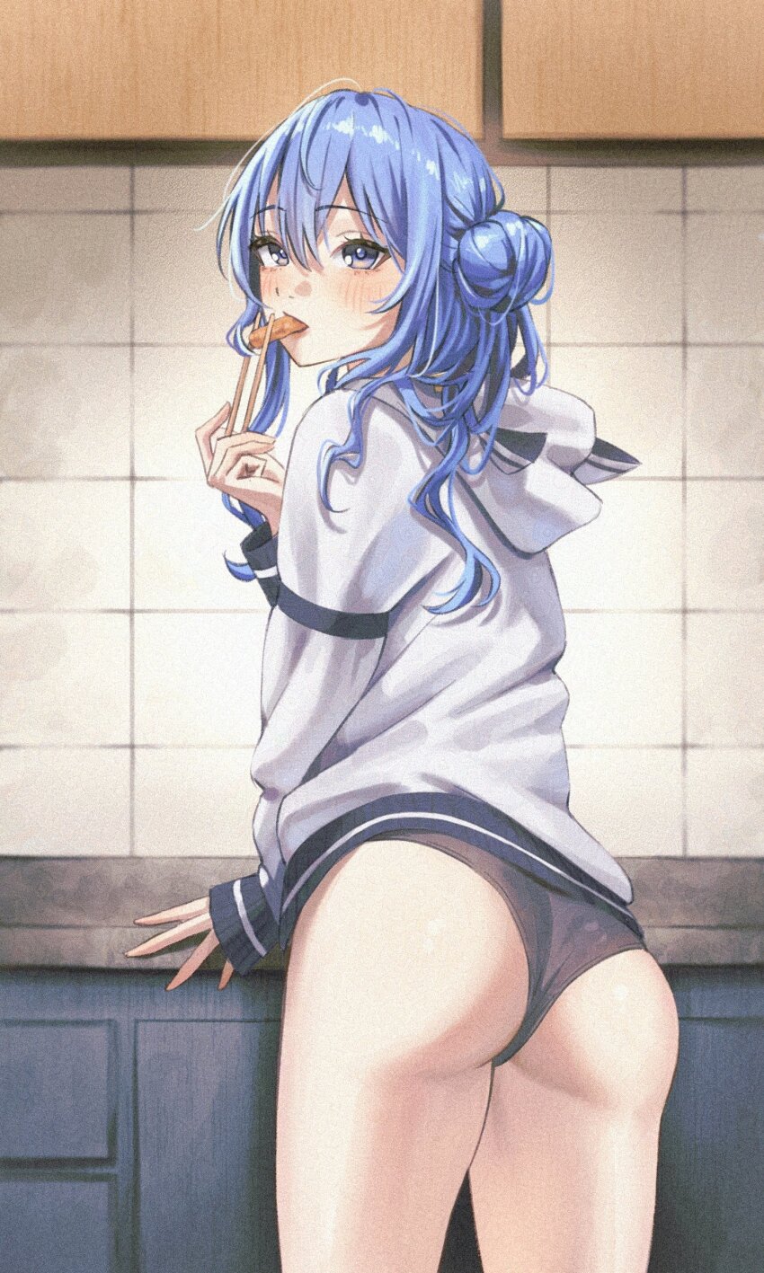 1girl absurdres animal_hood ass black_panties blue_eyes blue_hair cat_hood chopsticks double-parted_bangs food food_in_mouth from_behind hair_between_eyes hair_bun highres holding holding_chopsticks hololive hood hooded_jacket hoshimachi_suisei hoshimachi_suisei_(school_uniform) indoors jacket kitchen long_hair long_sleeves looking_at_viewer looking_back no_pants official_alternate_costume official_alternate_hairstyle panties samukzz sausage side_up_bun sidelocks single_side_bun solo underwear virtual_youtuber white_jacket