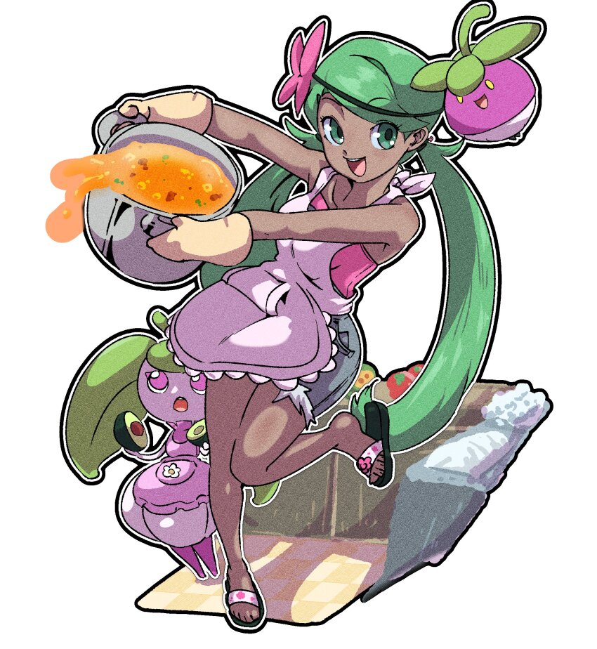 2girls :d absurdres apron avocado black_shoes bounsweet breasts colored_skin cooking_pot dark-skinned_female dark_skin flower full_body game_freak gen_7_pokemon gloves green_eyes green_hair grey_overalls hair_flower hair_ornament highres holding holding_cooking_pot long_hair looking_at_viewer mallow_(pokemon) monster_girl multicolored_skin multiple_girls nintendo open_mouth oven_mitts overall_shorts overalls pink_apron pink_eyes pink_flower plant_girl pokemon pokemon_(creature) pokemon_sm positibe purple_skin sandals shoes simple_background smile standing steenee swept_bangs twintails two-tone_skin white_background white_skin yellow_gloves
