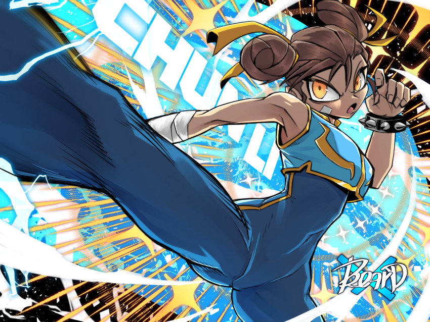 1girl :o absurdres adjusting_hair alternate_costume artist_name attack bare_shoulders beard_(artist) blue_bodysuit bodysuit bracelet breasts brown_eyes brown_hair bun_cover capcom character_name chinese_clothes chun-li closed_mouth covered_navel curvy double_bun dress hair_bun hair_ornament hair_ribbon highres jewelry jumping kicking official_alternate_costume ribbon serious shaded_face short_hair simple_background sleeveless sleeveless_bodysuit solo street_fighter street_fighter_zero_(series) unitard upper_body white_background wide_hips
