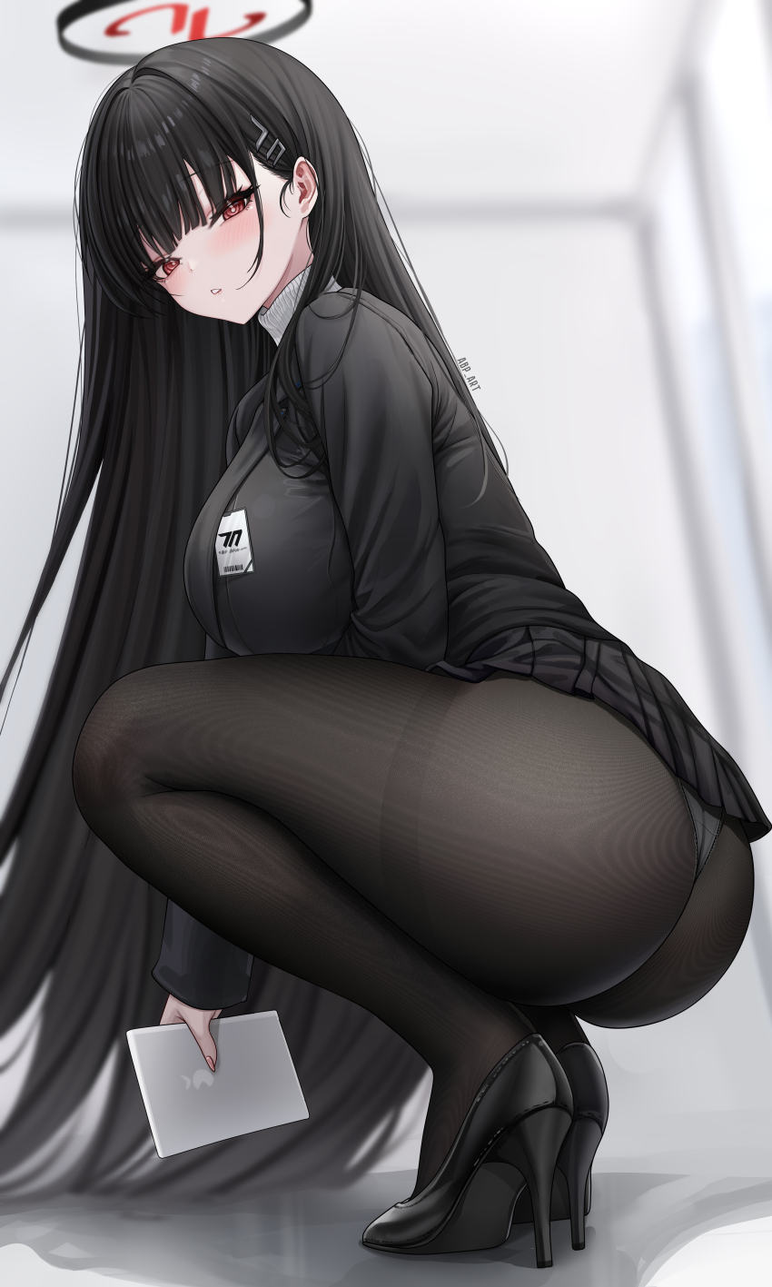 1girl abpart absurdres ass black_footwear black_hair black_halo black_jacket black_pantyhose blazer blue_archive blunt_bangs blurry blurry_background blush breasts bright_pupils clothes_lift commission commissioner_upload full_body hair_behind_ear hair_ornament hairclip halo high_heels highres holding holding_tablet_pc id_card jacket large_breasts legs long_hair long_sleeves looking_at_viewer non-web_source panties panties_under_pantyhose pantyhose parted_lips picking_up pleated_skirt red_eyes rio_(blue_archive) skirt skirt_lift squatting sweater tablet_pc thighs turtleneck turtleneck_sweater underwear very_long_hair white_sweater