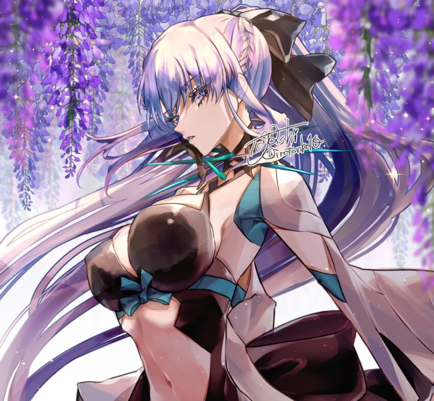 1girl artist_name black_bow blue_eyes bow braid fate/grand_order fate_(series) hair_between_eyes hair_bow long_hair looking_at_viewer morgan_le_fay_(fate) morgan_le_fay_(third_ascension)_(fate) ponytail side_braid solo spikes togashi_(choco-bakama_kitchen) white_hair