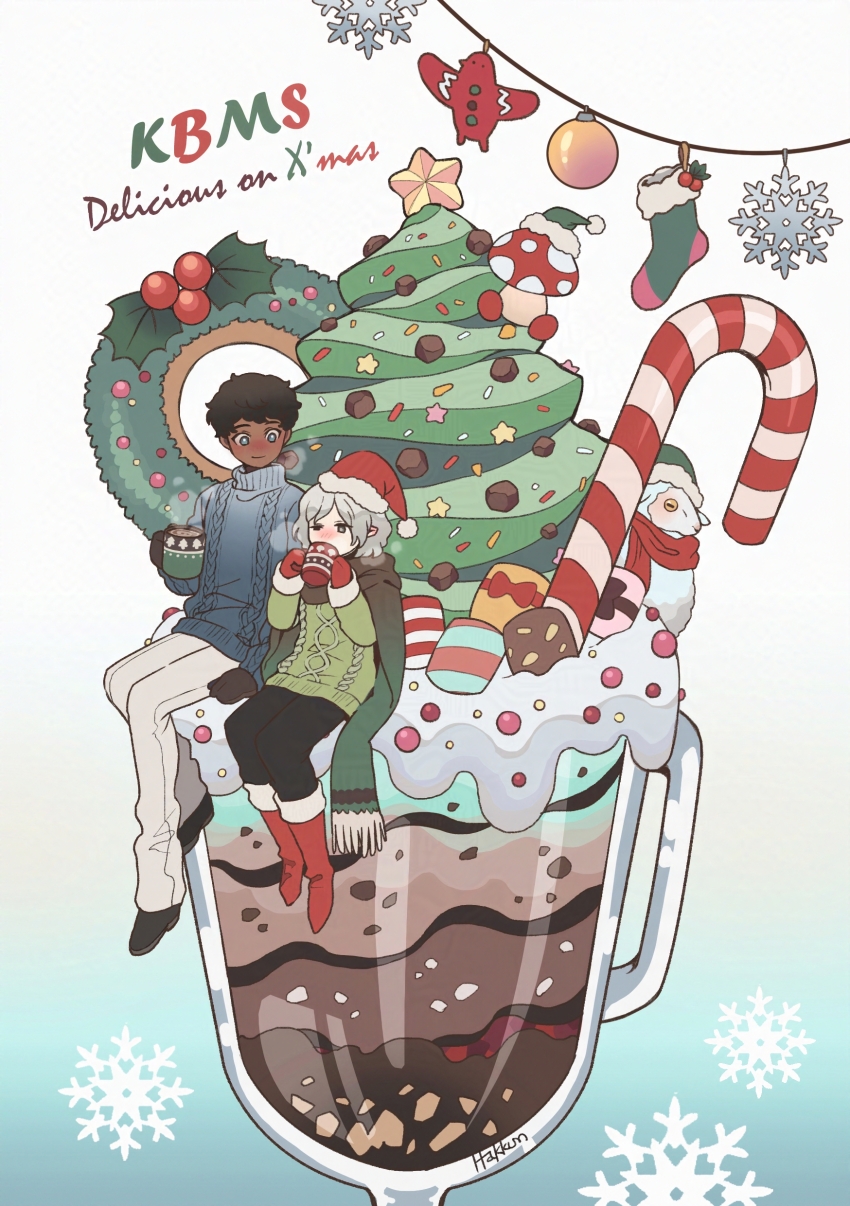 2boys absurdres bags_under_eyes black_eyes black_hair blue_eyes boots candy candy_cane christmas christmas_tree christmas_wreath cup curly_hair dark-skinned_male dark_skin drink dungeon_meshi elf food goat_(dungeon_meshi) grey_hair hakukanmou highres holding holding_cup kabru lazy_eye long_sleeves male_focus mini_person miniboy mithrun multiple_boys notched_ear pants parfait pointy_ears short_hair snowflakes star_(symbol) sweater uneven_eyes walking_mushroom_(dungeon_meshi) wreath