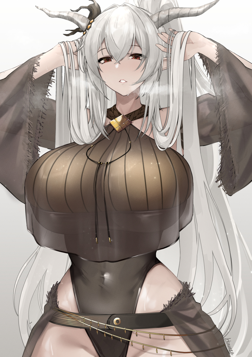 1girl absurdly_long_hair absurdres arknights arms_up black_one-piece_swimsuit breasts casual_one-piece_swimsuit demon_horns detached_sleeves dripping highres horns huge_breasts irkawaza long_hair official_alternate_costume one-piece_swimsuit open_mouth pointy_ears red_eyes see-through_clothes shining_(arknights) shining_(silent_night)_(arknights) simple_background solo standing swimsuit very_long_hair white_background white_hair