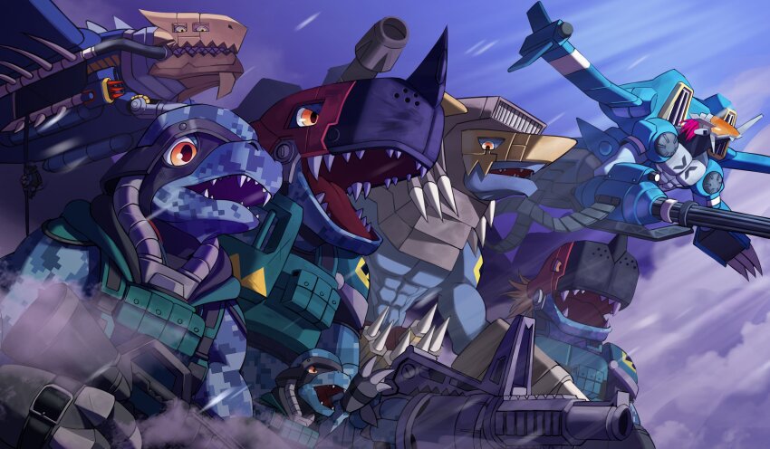 absurdres armor brigadramon cargodramon commandramon digimon digimon_(creature) evolutionary_line hi-commandramon highres horns open_mouth sharp_teeth tankdramon teeth wings yellow_eyes