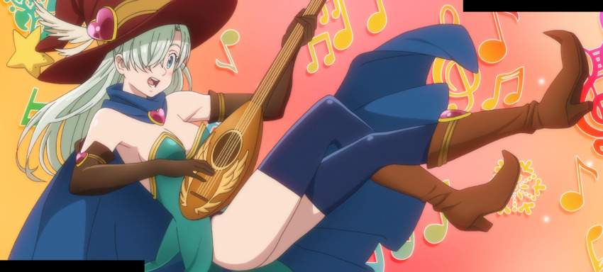 1girl anime_screenshot blue_eyes boots breasts elizabeth_liones hair_over_one_eye highres instrument nanatsu_no_taizai open_mouth platinum_hair simple_background smile stitched thigh_boots third-party_edit