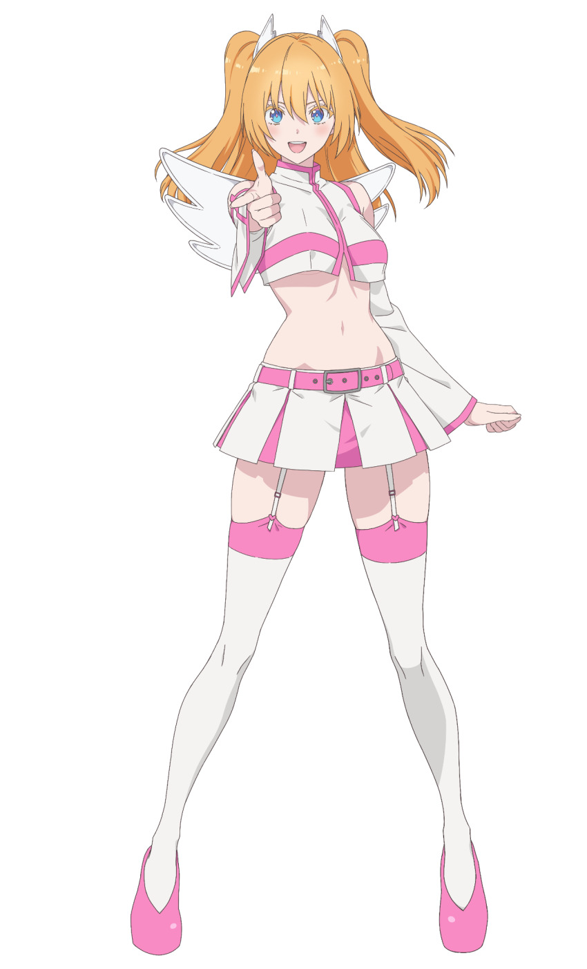1girl 2.5_jigen_no_ririsa :d amano_ririsa bare_shoulders blonde_hair blue_eyes boots breasts cosplay crop_top detached_sleeves dot_nose full_body highres liliel_(2.5_jigen_no_ririsa) liliel_(2.5_jigen_no_ririsa)_(cosplay) long_hair long_sleeves medium_breasts midriff miniskirt navel open_mouth pleated_skirt shoes simple_background skirt smile solo standing stomach teeth thigh_boots thighhighs upper_teeth_only white_background wig zettai_ryouiki