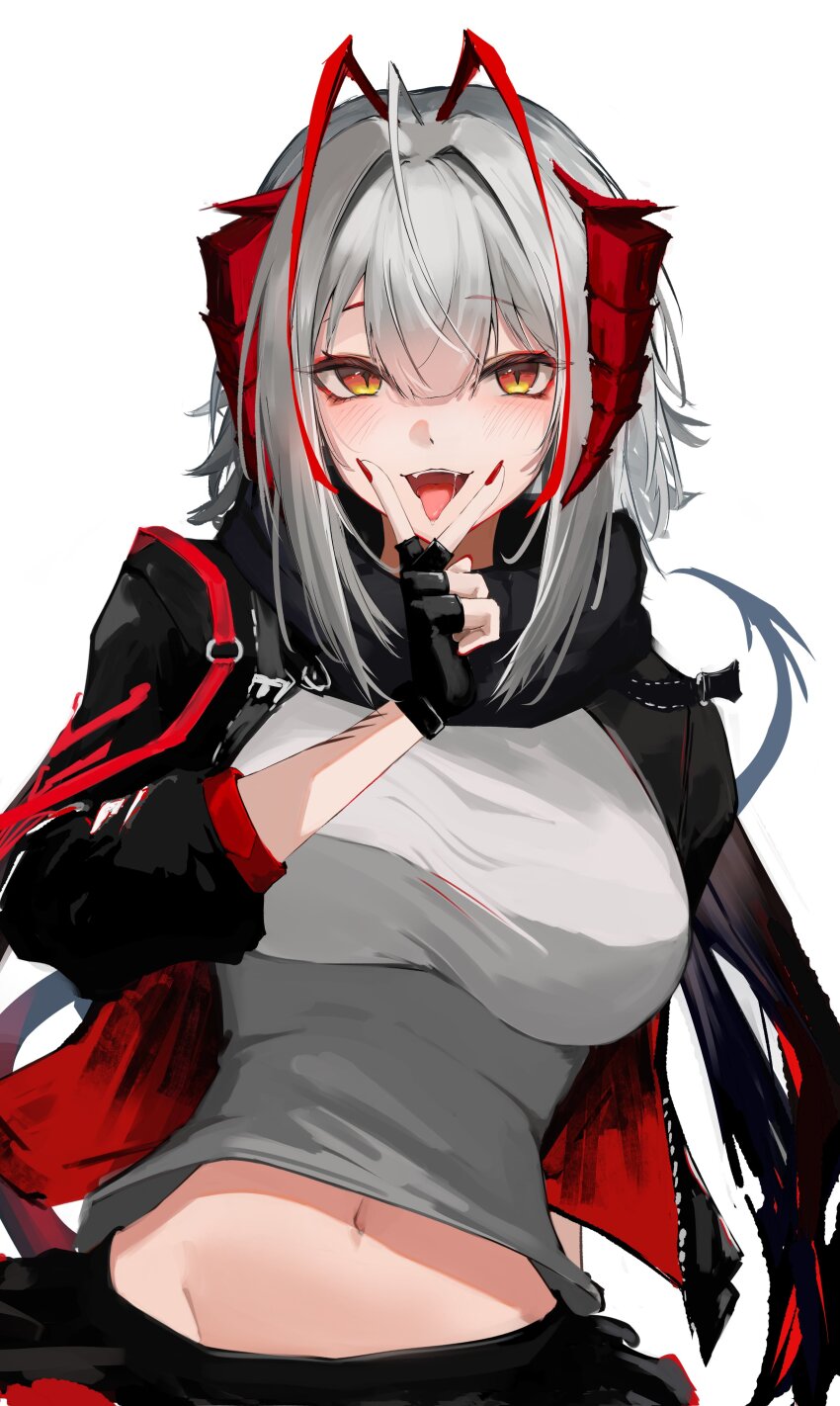 1girl absurdres ahoge antennae arknights black_gloves black_jacket blush breasts commentary_request demon_girl demon_horns demon_tail fingerless_gloves fingernails gloves grey_hair grey_shirt hair_between_eyes highres horns jacket large_breasts looking_at_viewer midriff nail_polish nekomatamago open_clothes open_jacket open_mouth orange_eyes red_horns red_nails shirt short_hair simple_background slit_pupils solo tail tongue tongue_out upper_body v v_over_mouth w_(arknights) white_background