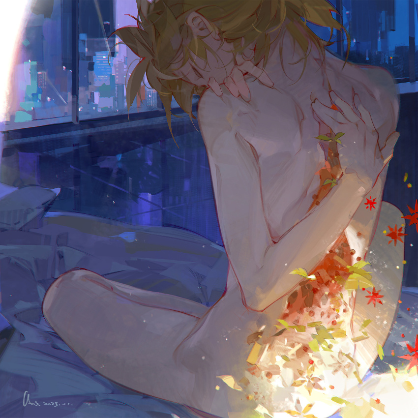 1boy a-shacho blonde_hair chinese_commentary city closed_eyes commentary_request completely_nude crossed_legs dated flower from_behind full_body futon guro hand_on_back hand_on_own_shoulder head_tilt highres kagamine_len leaf male_focus night nude on_bed pillow red_flower short_hair shorts shoulder_blades signature sitting solo tile_floor tiles vocaloid window