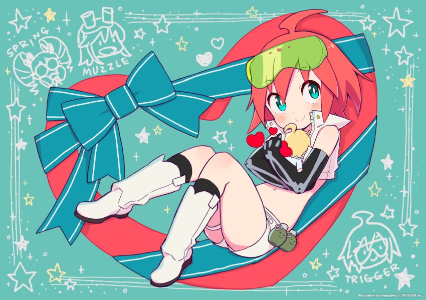 10s 1girl ahoge alpha_omega_nova aqua_eyes black_gloves bow bright_pupils character_doll character_name cropped_jacket doll doodle elbow_gloves explosive female_focus frag_(trigger) gloves green_background grenade heart hugging_object jacket looking_at_viewer mago muzzle_(trigger) official_art safety_glasses shorts simple_background sitting skeleton_print smile solo spring_(trigger) star_(symbol) trigger-chan trigger_(company) triggertop uchuu_patrol_luluco valentine watermark white_jacket white_shorts