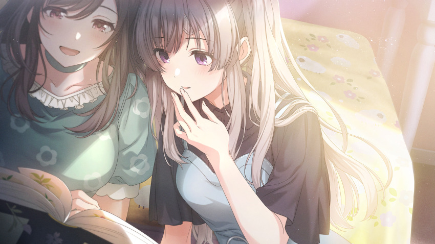 2girls book brown_hair game_cg grey_hair highres idolmaster idolmaster_shiny_colors idolmaster_shiny_colors_song_for_prism multiple_girls official_art open_book open_mouth purple_eyes red_eyes tsukioka_kogane yukoku_kiriko