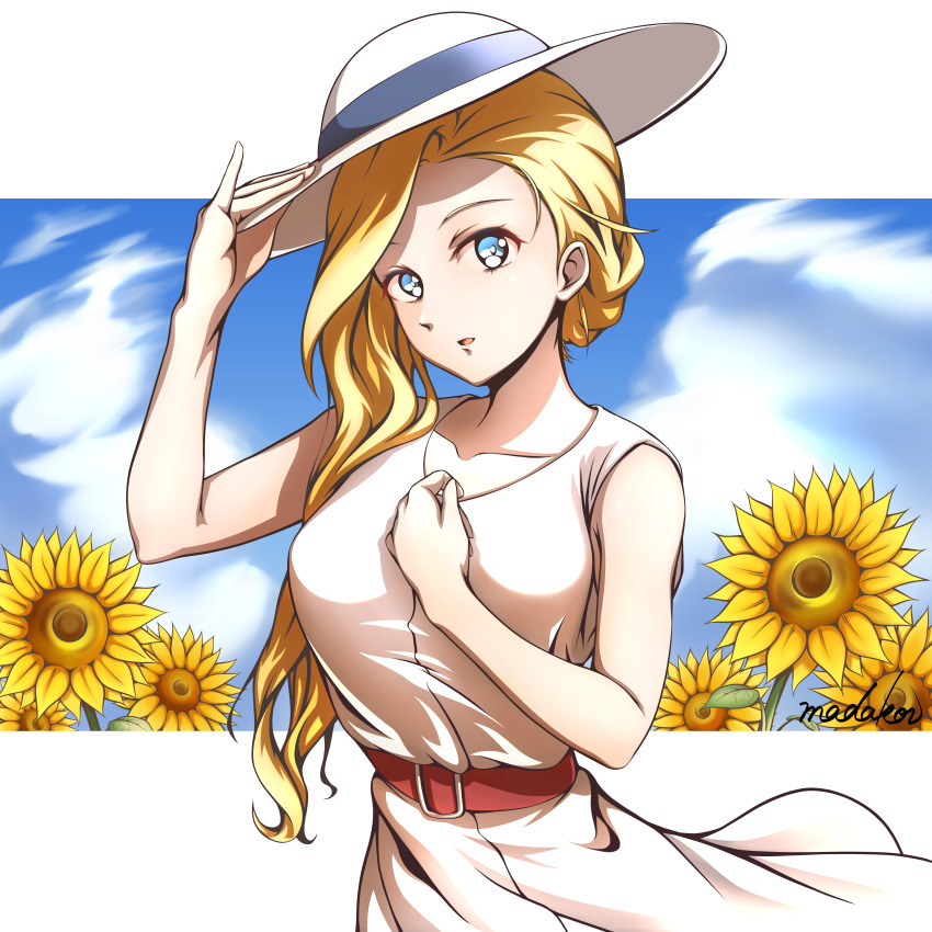 1girl absurdres alternate_costume azur_lane belt blonde_hair blue_eyes breasts dress flower hat highres hood_(azur_lane) huge_filesize long_hair looking_at_viewer madakov_kodima medium_breasts red_belt sleeveless sleeveless_dress solo sun_hat sunflower white_dress