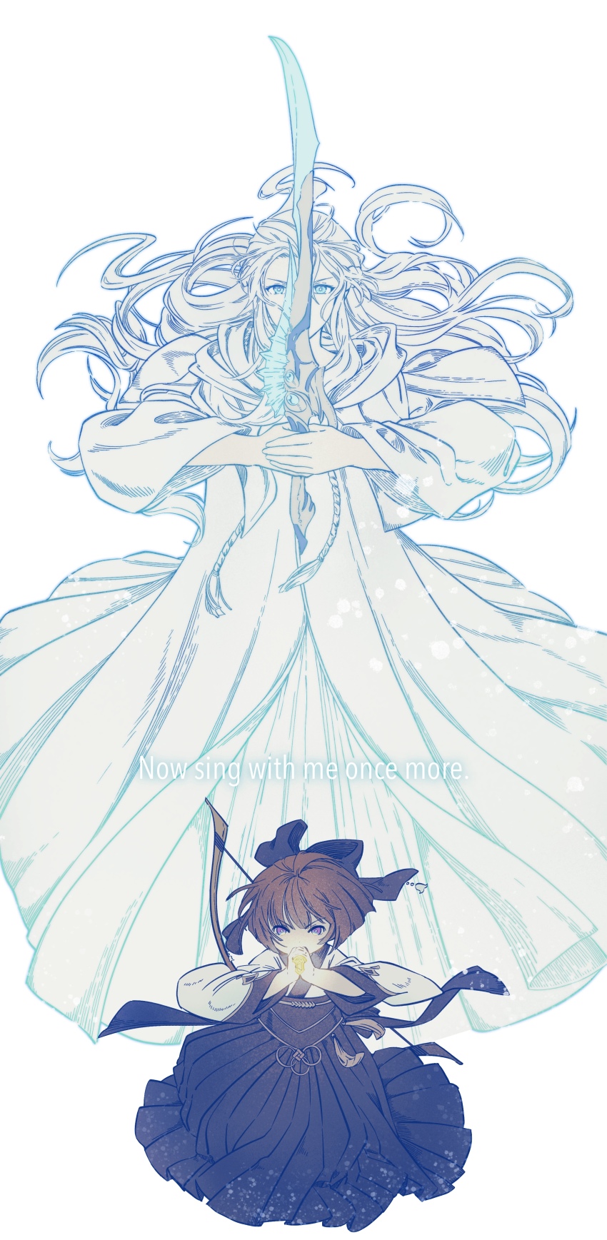 absurdres warrior_of_light_(ff14) bard_(final_fantasy) blue_eyes bow bow_(weapon) brown_hair crystal english_text fermium.ice final_fantasy final_fantasy_xiv hair_bow highres japanese_clothes kimono lalafell long_skirt looking_at_viewer purple_eyes robe short_hair simple_background skirt square_enix standing sword venat_(ff14) weapon white_hair white_robe