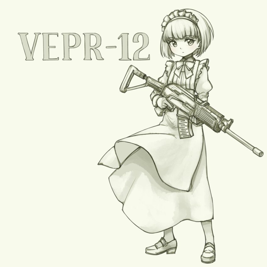 1girl apron bow bowtie closed_mouth dress extended_barrel female_focus frills full_body grey_background greyscale gun highres holding holding_gun holding_weapon izhmash juliet_sleeves kalashnikov_concern loafers long_dress long_sleeves maid maid_apron maid_headdress molot molot-oruzhie molot_weapons monochrome original pas_(paxiti) puffy_sleeves rifle semi-automatic_shotgun shoes short_hair shotgun simple_background solo standing vepr-12 vyatskiye_polyany_machine-building_plant weapon