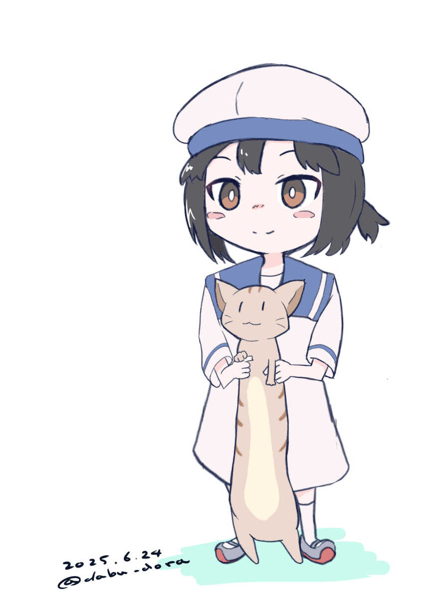absurdres animal black_hair blue_sailor_collar bob_cut brown_eyes cat commentary_request dabu_dora daitou_(kancolle) dated dress full_body hat high_ponytail highres holding holding_animal holding_cat kantai_collection longcat_(meme) meme one-hour_drawing_challenge ponytail sailor_collar sailor_dress sailor_hat shoes short_hair short_ponytail short_sleeves simple_background smile split_mouth twitter_username uwabaki white_background white_dress white_hat