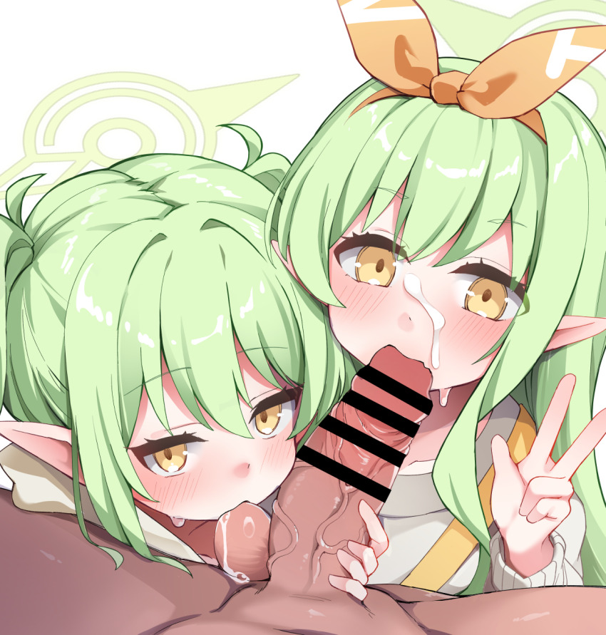 1boy 2girls alternate_costume bar_censor blue_archive blush censored commentary_request cooperative_fellatio cum cum_on_body dot_nose facial fellatio ffm_threesome green_hair group_sex hair_between_eyes hairband halo hand_up hetero highres hikari_(blue_archive) hikari_(mom&#039;s_touch)_(blue_archive) karaage3 loli long_hair long_sidelocks looking_at_viewer multiple_girls nozomi_(blue_archive) nozomi_(mom&#039;s_touch)_(blue_archive) oral orange_hairband orange_ribbon penis penis_grab pointy_ears pov pov_crotch ribbon siblings sidelocks sisters straight_hair sweatdrop teamwork_(sexual) testicle_sucking threesome twins twintails veins veiny_penis very_long_hair w white_background yellow_eyes