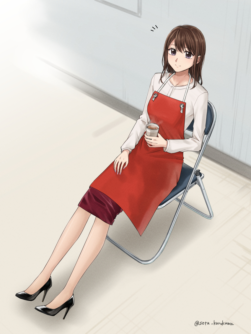 1girl absurdres apron artist_name black_shoes brown_hair chair closed_mouth coffee collarbone commentary_request commission cup disposable_cup drink folded_chair from_above high_heels highres holding holding_cup holding_drink indoors long_hair long_sleeves notice_lines office_lady on_chair original pencil_skirt pixiv_commission purple_eyes red_apron red_skirt setu_kurokawa shirt shoes sitting skirt smile solo steam twitter_username watermark white_shirt