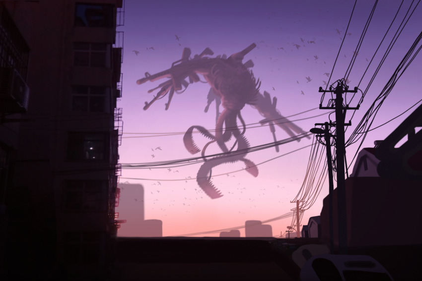 1other absurdres ammunition_belt assault_rifle bird chainsaw_man china city gun gun_devil_(chainsaw_man) highres monster no_humans power_lines rifle road scenery street sun20021109 sunset weapon