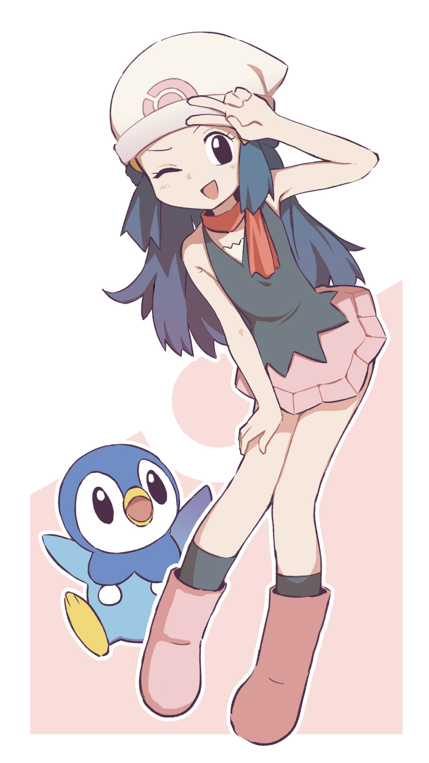 1girl 1other ;d absurdres beanie black_eyes black_shirt black_socks blue_eyes blue_hair blush boots border commentary dawn_(pokemon) english_commentary eyelashes full_body gen_4_pokemon hair_ornament hat highres kneehighs long_hair looking_at_viewer nintendo one_eye_closed open_mouth orenjipiiru outline outside_border pink_background pink_boots pink_skirt piplup poke_ball_print pokemon pokemon_(anime) pokemon_(creature) pokemon_dppt_(anime) red_scarf scarf shirt skirt sleeveless smile socks spread_wings standing two-tone_background white_background white_border white_hat white_outline