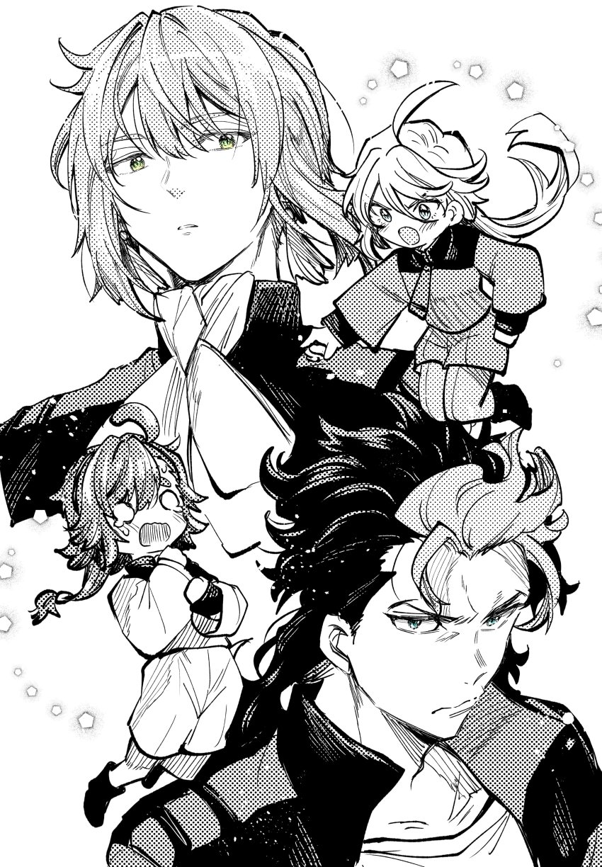 2boys 2girls absurdres angry asticassia_school_uniform blue_eyes blush chibi collarbone elan_ceres green_eyes guel_jeturk gundam gundam_suisei_no_majo hair_behind_ear highres jacket kudou_makoto long_hair looking_at_viewer miorine_rembran multicolored_hair multiple_boys multiple_girls open_mouth parted_lips pointing scared school_uniform shirt shorts spot_color suletta_mercury tearing_up two-tone_hair
