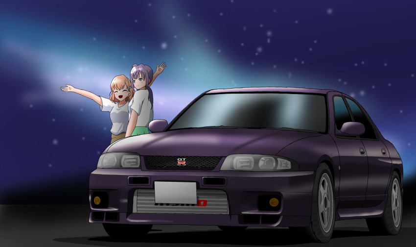 2girls car cerise_bouquet closed_eyes closed_mouth commentary_request green_eyes highres hinoshita_kaho link!_like!_love_live! long_hair looking_afar love_live! medium_hair motor_vehicle multiple_girls nismo nissan nissan_skyline nissan_skyline_gt-r nissan_skyline_r33 orange_hair otomune_kozue outdoors outstretched_arms purple_hair shirt short_hair vehicle_focus virtual_youtuber white_shirt yohakichi