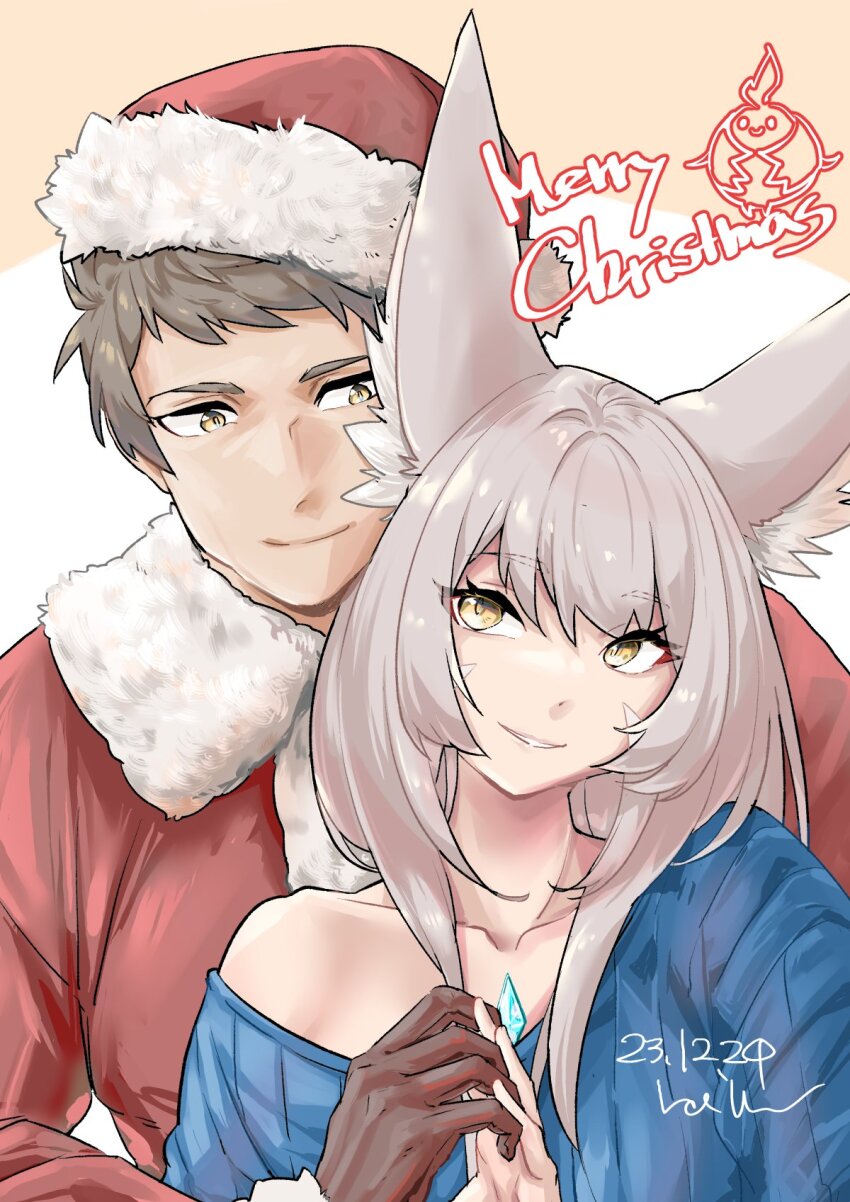 1boy 1girl animal_ear_fluff animal_ears artist_name blue_sweater brown_hair cat_ears chest_jewel christmas collarbone core_crystal_(xenoblade) couple dated eyebrows_hidden_by_hair facial_mark fur-trimmed_gloves fur-trimmed_headwear fur_trim gloves grey_hair hallupuna hat highres holding_hands husband_and_wife looking_at_another merry_christmas nia_(xenoblade) nopon off-shoulder_sweater off_shoulder rex_(xenoblade) santa_costume santa_gloves santa_hat short_hair signature simple_background smile sweater xenoblade_chronicles_(series) xenoblade_chronicles_2 yellow_eyes