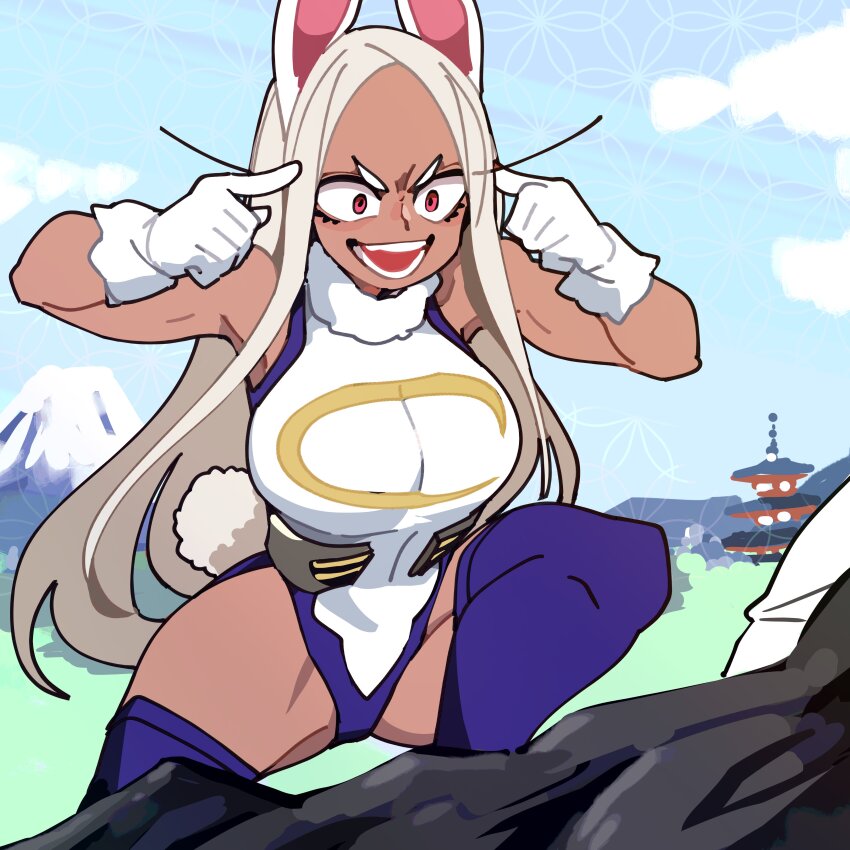1girl absurdres animal_ears bare_shoulders blue_sky boku_no_hero_academia bongfill breasts commentary crescent_print dark-skinned_female dark_skin english_commentary finger_to_head fur_collar gloves highleg highleg_leotard highres invincible_(series) japan large_breasts leotard long_eyelashes long_hair looking_at_another meme mirko mount_fuji open_mouth parted_bangs pointing pointing_at_self purple_thighhighs rabbit_ears rabbit_girl rabbit_tail red_eyes sky sleeveless_turtleneck_leotard solo tail taut_leotard thick_thighs thighhighs thighs think_mark_think!_(meme) toned toned_female v-shaped_eyebrows very_long_hair white_gloves white_hair white_leotard