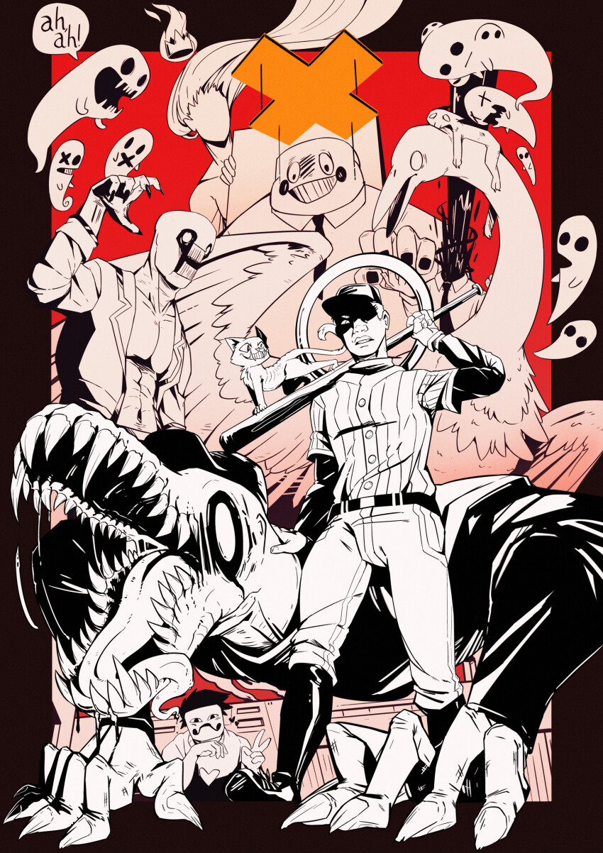 1girl absurdres add-on_(off) bad_batter bare_shoulders baseball_bat baseball_cap baseball_jersey baseball_uniform beak bird black_blood black_hair bleeding blood blood_splatter cat dedan_(off) dress elsen_(off) enoch_(off) face_in_shadow faceless faceless_female fat fat_man fingernails floating_crown ghost hat heart highres holding holding_baseball_bat jacket japhet jersey long_hair long_sleeves multiple_boys multiple_others necktie off_(game) outside_border pants partially_colored sharp_fingernails sharp_teeth shirt short_hair short_sleeves skull_head smile spectre_(off) sportswear sygdom teeth the_batter_(off) the_judge_(off) the_queen_(off) topless_male v valerie_(off) wings zacharie_(off)
