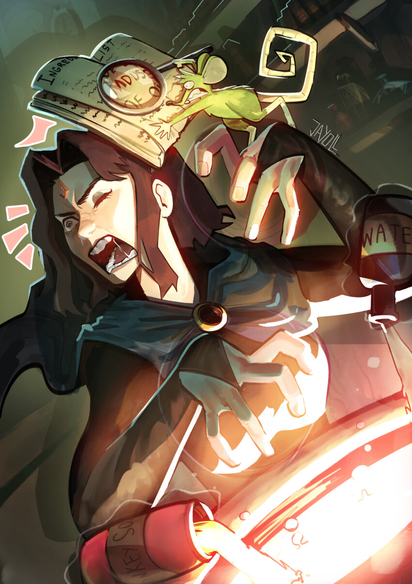 1girl absurdres artist_name beast_boy_(dc) book cauldron commentary dc_comics english_commentary forehead_jewel green_fur highres jayoll_lacerda magnifying_glass mouse_(animal) one_eye_closed open_mouth raven_(dc) saliva teen_titans