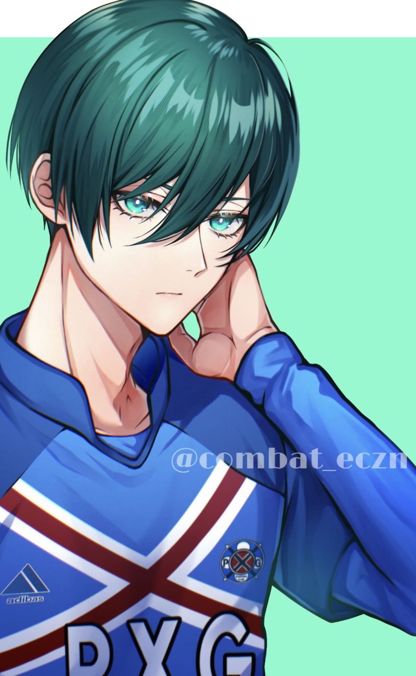 1boy aqua_background aqua_eyes aqua_hair artist_name blue_lock blue_shirt closed_mouth collared_shirt expressionless hair_between_eyes highres itoshi_rin long_sleeves looking_at_viewer male_focus rkawana shirt short_hair soccer_uniform solo sportswear twitter_username two-tone_background upper_body