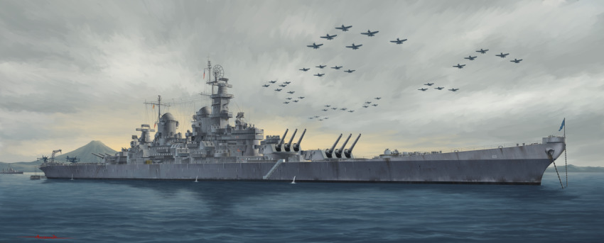 aircraft airplane arctan_2_alpha battleship cloud cloudy_sky commentary dawn f6f_hellcat historical_event japan military military_vehicle mount_fuji ocean original propeller_fighter ship sky united_states_navy uss_missouri_(bb-63) vehicle_focus victory_over_japan_day warship watercraft world_war_ii