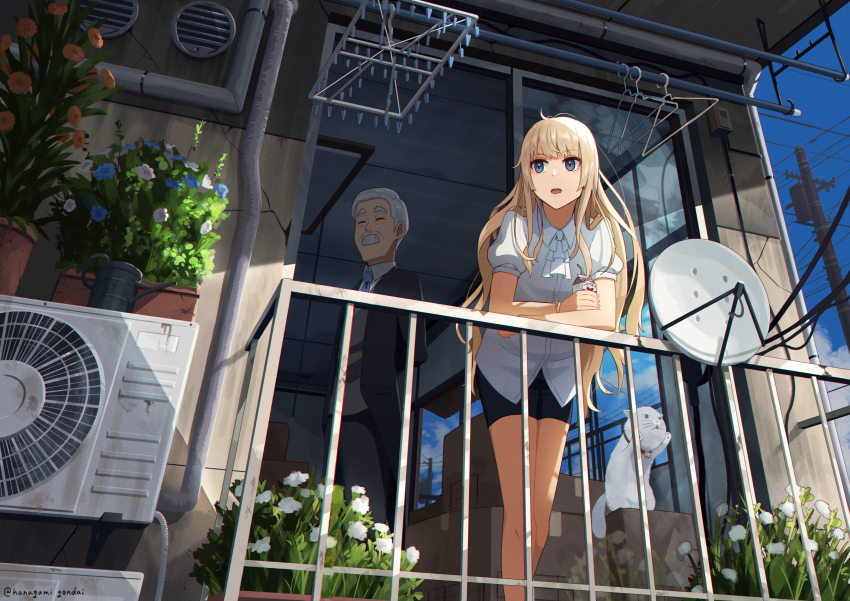 1boy 1girl absurdres against_railing air_conditioner artistic_error balcony black_pants blonde_hair blue_eyes box butler cardboard_box cat clothes_hanger condenser_unit day drink facial_hair feet_out_of_frame flower formal_clothes from_below from_outside grey_hair hanagami_gendai highres holding_carton leaning_forward long_hair looking_afar mustache necktie old old_man open_mouth original outdoors pants plant potted_plant power_lines radar_dish railing revision satellite_dish shirt short_sleeves shorts standing suit utility_pole white_shirt yojouhan