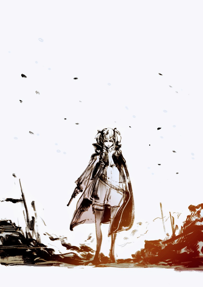1girl absurdres bodies bow cape charcoal_(medium) closed_mouth commentary dress english_commentary epaulettes falling_leaves female_focus full_body girls&#039;_frontline gun hair_bow handgun highres holding holding_gun holding_weapon leaf legs limited_palette lips long_sleeves looking_down monochrome pantyhose parody parody_request puffy_sleeves revolver ribbon rubble shinkawa_youji_(style) simple_background sketch smoke solo style_parody thigh_strap two_side_up vcntkm weapon webley_(girls&#039;_frontline) webley_revolver white_background white_bow white_dress wind wreckage