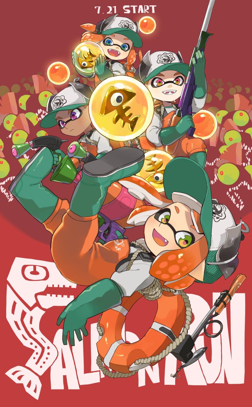 2boys 2girls absurdres baseball_cap blue_eyes boots chum_(splatoon) commentary_request dark-skinned_male dark_skin dual_wielding elbow_gloves fang full_body gloves golden_egg_(splatoon) green_boots green_eyes green_gloves green_hat hat highres holding holding_weapon inkling inkling_boy inkling_girl inkling_player_character kinagi_(3307377) lifebuoy medium_hair multiple_boys multiple_girls nintendo open_mouth orange_hair orange_overalls overalls pink_eyes pointy_ears purple_eyes red_background rubber_boots rubber_gloves salmon_run_(splatoon) salmonid shirt short_hair smile splat_charger_(splatoon) splat_dualies_(splatoon) splatoon_(series) splatoon_2 splattershot_(splatoon) swim_ring tentacle_hair weapon white_shirt