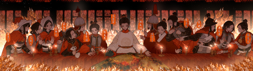 6+girls architecture body_armor burning candle china chinese_clothes chinese_text east_asian_architecture fine_art_parody hanfu helmet highres ming_dynasty multiple_girls parody the_last_supper