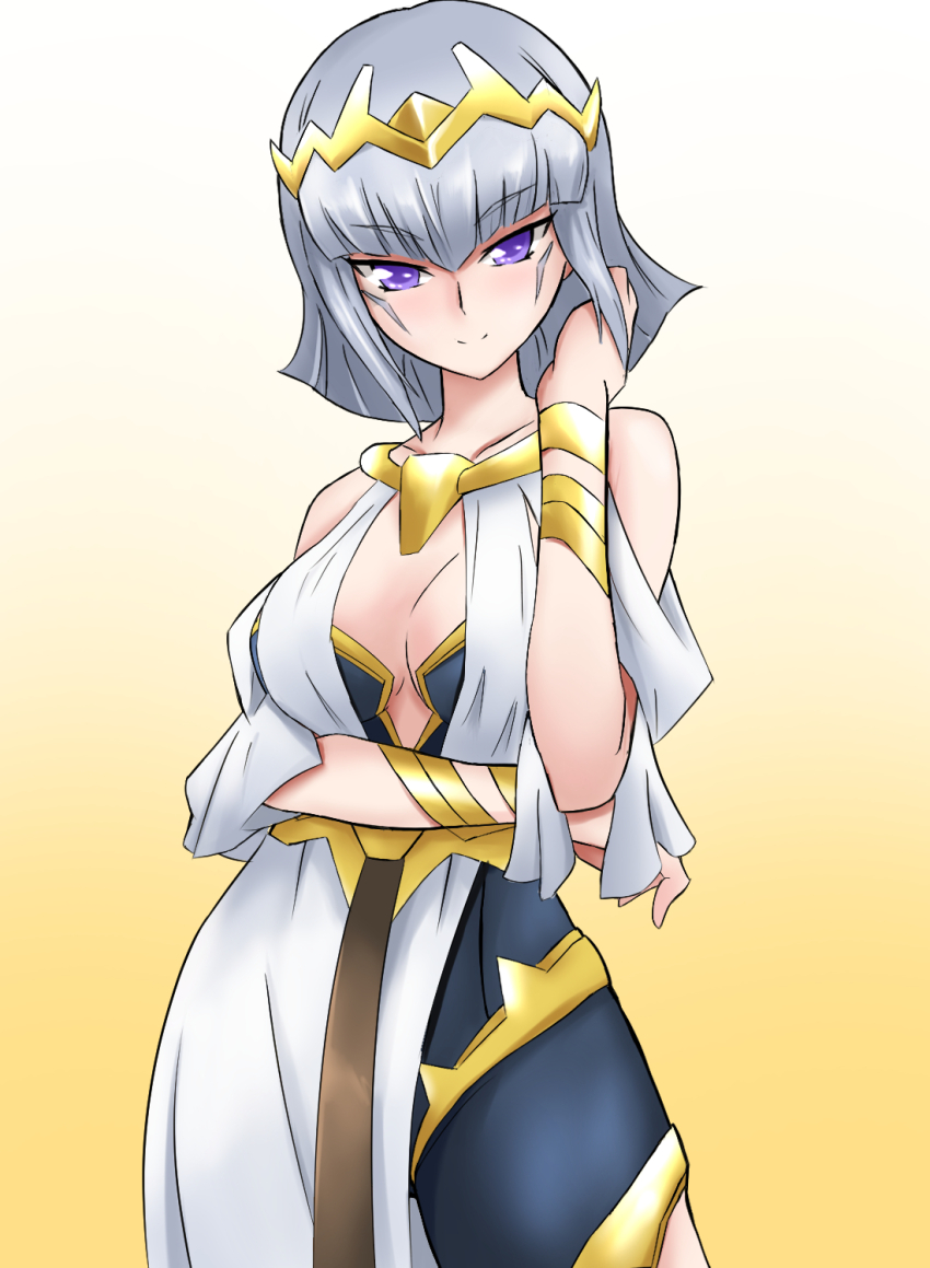 1girl arm_ribbon breasts camearra cleavage cowboy_shot darkness_heels dress facial_mark facial_tattoo gradient_background grey_hair highres looking_at_viewer purple_eyes ribbon short_hair smile solo tattoo tiara tokusatsu ultra_series ultraman_tiga_(series) white_dress zerokun135