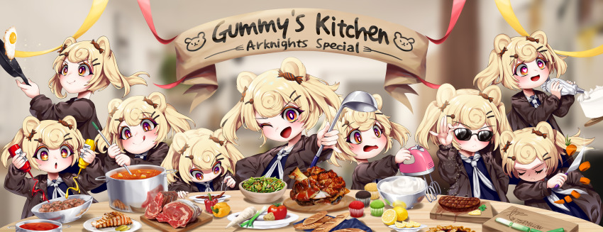 6+girls :&lt; :d :q absurdres arknights beef bell_pepper blonde_hair blurry blurry_background bowl bread brown_shirt cake carrot character_name closed_eyes closed_mouth commentary cooking cupcake curly_hair cutting cutting_board english_text fish fish_(food) food fried_egg fruit frying_pan ginger_root gummy_(arknights) hair_ornament hairclip hand_up heart heart-shaped_pupils highres holding indoors ketchup ketchup_bottle knife ladle lemon lemon_slice long_sleeves looking_at_viewer meat meme multicolored_eyes multiple_girls multiple_persona mustard mustard_bottle neckerchief one_eye_closed open_mouth pastry plate pot red_eyes red_pepper salad salt_bae_(meme) shirt short_twintails sign smile solo_focus split_mouth spring_onion steak stew stirring symbol-shaped_pupils teddyellow tomato tongs tongue tongue_out twintails upper_body v-shaped_eyebrows whipped_cream whisk white_neckerchief yellow_eyes yellow_pepper
