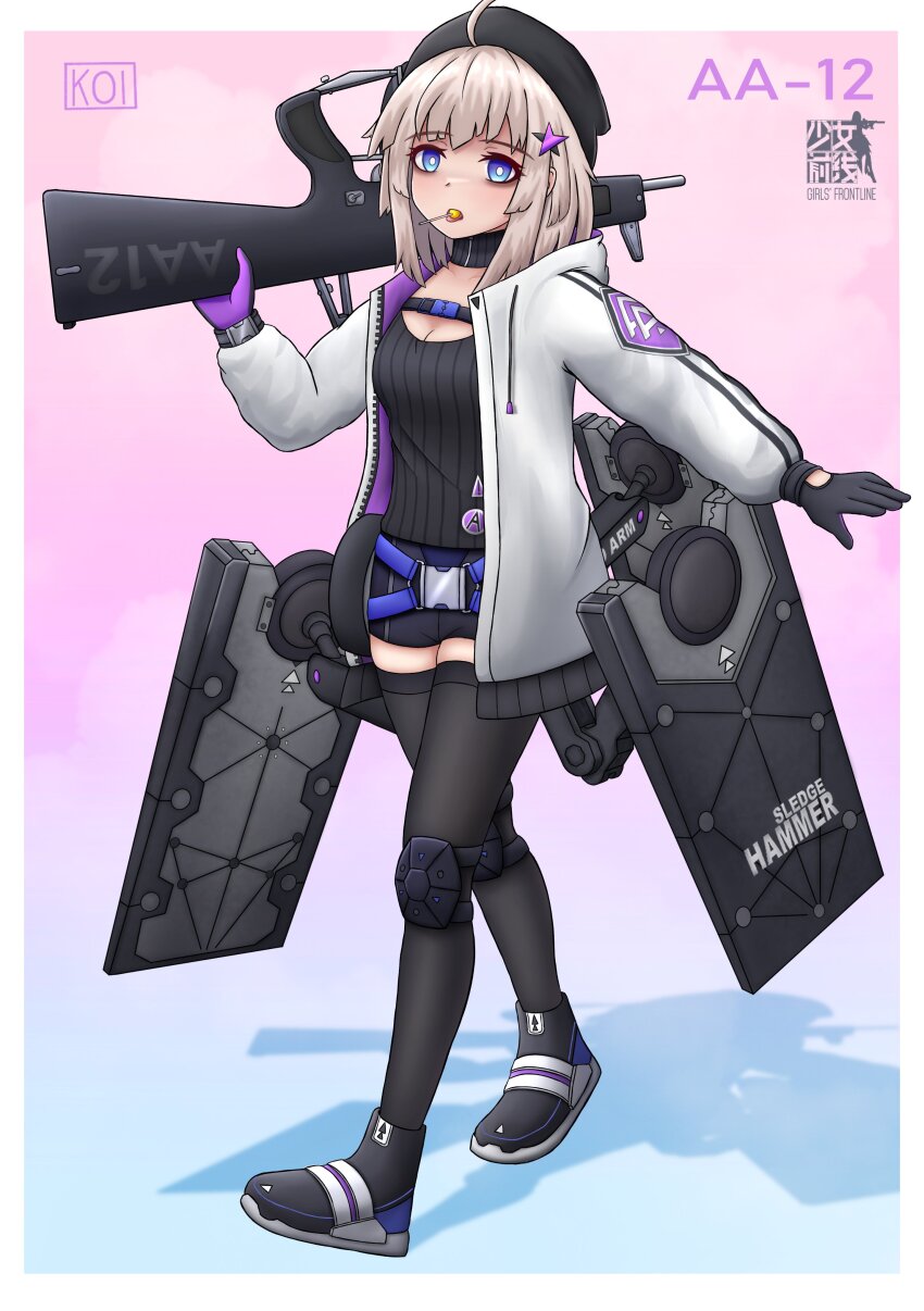 1girl aa-12 aa-12_(girls&#039;_frontline) absurdres ahoge automatic_shotgun bags_under_eyes beret black_gloves black_hat black_shirt black_shoes black_shorts black_thighhighs blue_background blue_eyes breasts brown_hair candy cleavage combat_shotgun commentary copyright_name drawstring food food_in_mouth full_body girls&#039;_frontline gloves gradient_background gun hair_ornament hat highres holding holding_gun holding_weapon jacket keionspiral knee_pads lollipop long_sleeves medium_breasts name_connection object_namesake open_clothes open_jacket over_shoulder pink_background puffy_long_sleeves puffy_sleeves purple_gloves shirt shoes short_shorts shorts shotgun solo star_(symbol) star_hair_ornament thighhighs walking weapon weapon_over_shoulder white_jacket