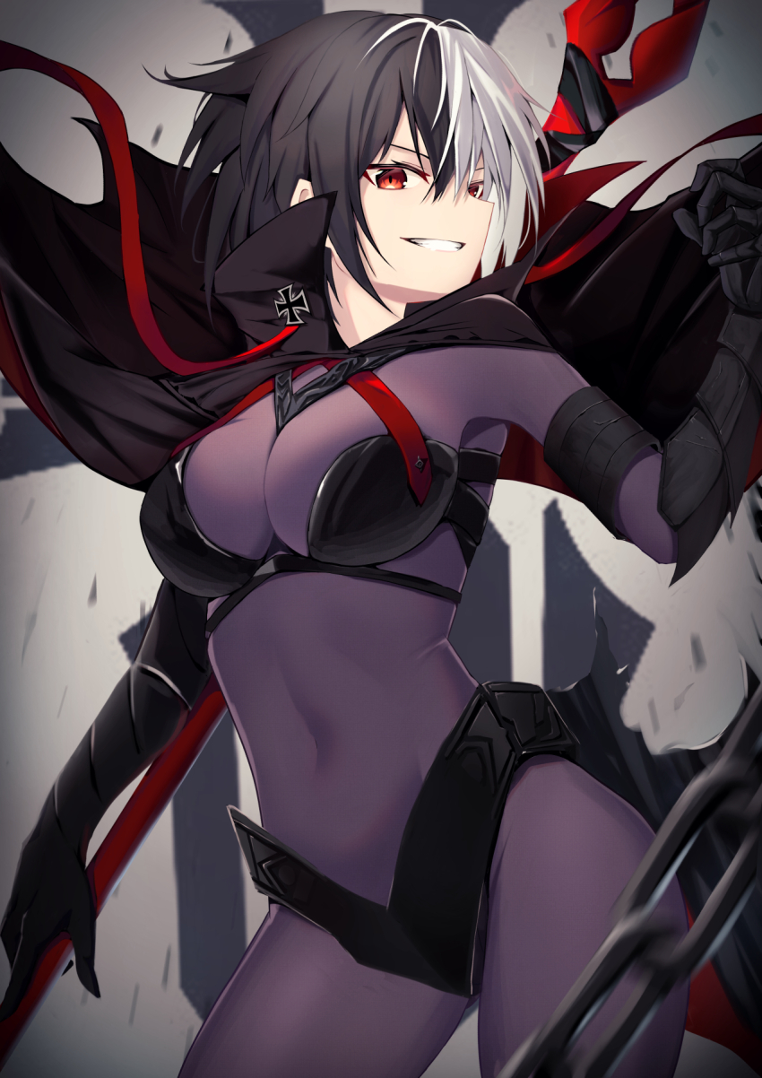 1girl armored_gloves azur_lane bikini black_bikini black_capelet black_gloves black_hair bodystocking breasts bruenhilde_(azur_lane) capelet covered_navel cross elbow_gloves gauntlets gloves hair_between_eyes highres iron_cross jiseki_rena large_breasts multi-strapped_bikini_top multicolored_hair red_eyes short_hair simple_background skin_tight smirk split-color_hair swimsuit thighs two-tone_hair waist_cape white_hair