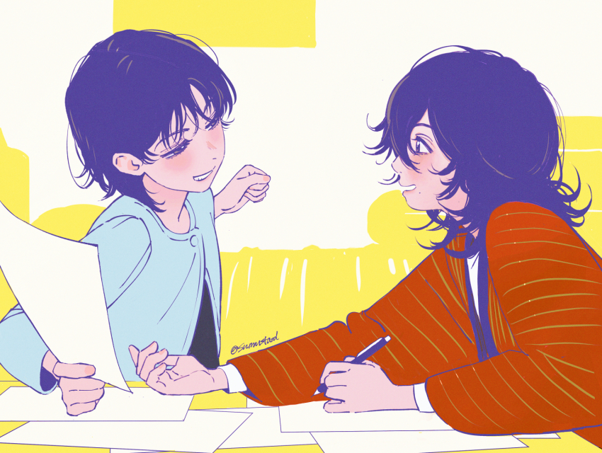 2girls artist_name ayumu_fujino black_hair blush colored_lineart commentary english_commentary from_side highres holding holding_paper holding_pencil kyomoto_(look_back) long_sleeves look_back_(manga) mole mole_under_mouth multiple_girls paper pencil short_hair smile sumustard
