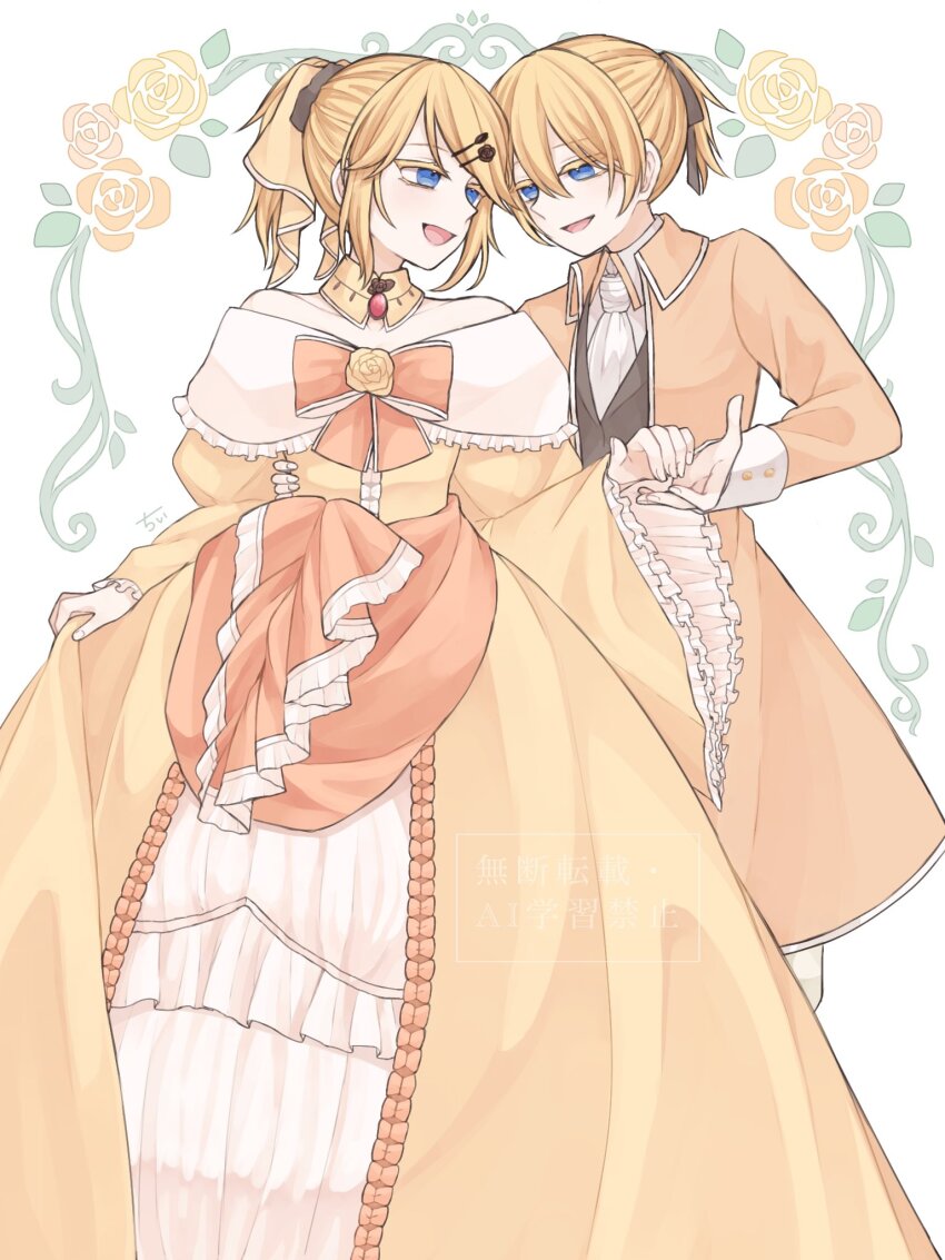 aku_no_musume_(vocaloid) allen_avadonia anniversary ascot bare_shoulders black_flower black_rose blonde_hair blue_eyes bow brooch brother_and_sister brown_vest chii1113 choker coat collarbone collared_coat collared_jacket collared_shirt colored_eyelashes dancing dress dress_bow dress_flower dress_ribbon evillious_nendaiki flower frilled_dress frills full_body gem hair_bow hair_ornament hairclip hand_on_another&#039;s_waist high_ponytail highres holding_hands jacket jewelry kagamine_len kagamine_rin narrow_waist off-shoulder_dress off_shoulder orange_bow orange_coat orange_jacket pants petticoat ponytail red_gemstone riliane_lucifen_d&#039;autriche rose shirt siblings skirt_hold smile swept_bangs twins updo vest vocaloid white_ascot white_pants white_shirt yellow_bow yellow_choker yellow_dress yellow_flower yellow_rose