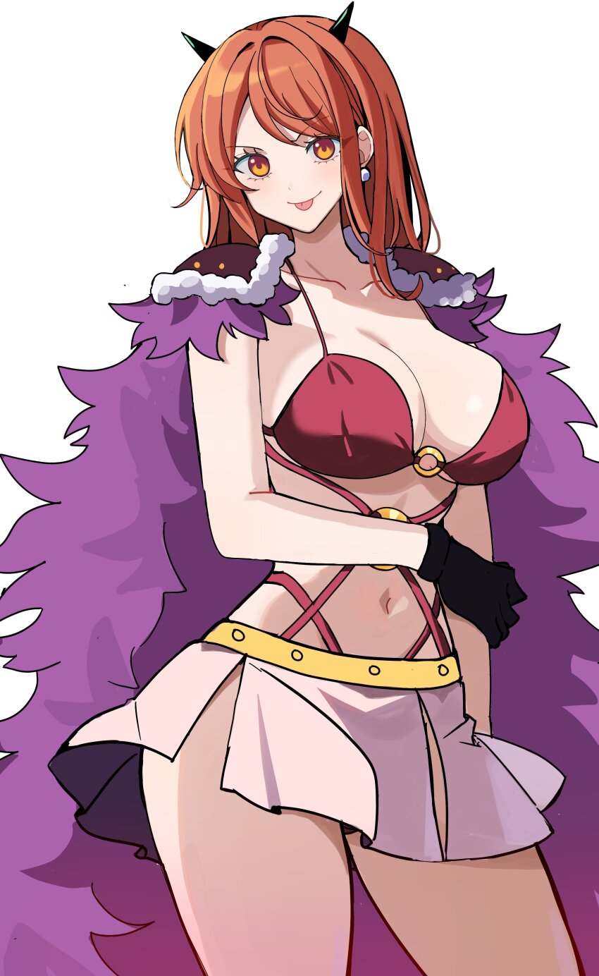 1girl absurdres beast_pirates_uniform bikini black_gloves breasts cape cleavage closed_mouth collarbone cowboy_shot earrings fake_horns fur-trimmed_cape fur_trim gloves highres horns jewelry kasuga_kaya large_breasts light_blush long_hair looking_at_viewer midriff miniskirt nami_(one_piece) nami_(one_piece)_(onigashima) navel o-ring o-ring_bikini o-ring_top official_alternate_costume one_piece orange_eyes orange_hair pearl_earrings purple_cape red_bikini shoulder_pads skirt smile solo stomach swimsuit thighs tongue tongue_out wavy_hair white_background