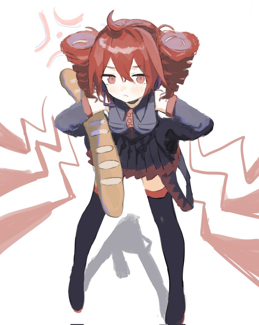 1984_(cw1000110) 1girl ahoge baguette bare_shoulders black_boots black_shirt black_skirt boots bread closed_mouth detached_sleeves drill_hair food from_above full_body headset highres kasane_teto kasane_teto_(utau) long_sleeves looking_at_viewer microphone pleated_skirt red_eyes red_hair red_trim shirt simple_background skirt solo thigh_boots twin_drills utau white_background