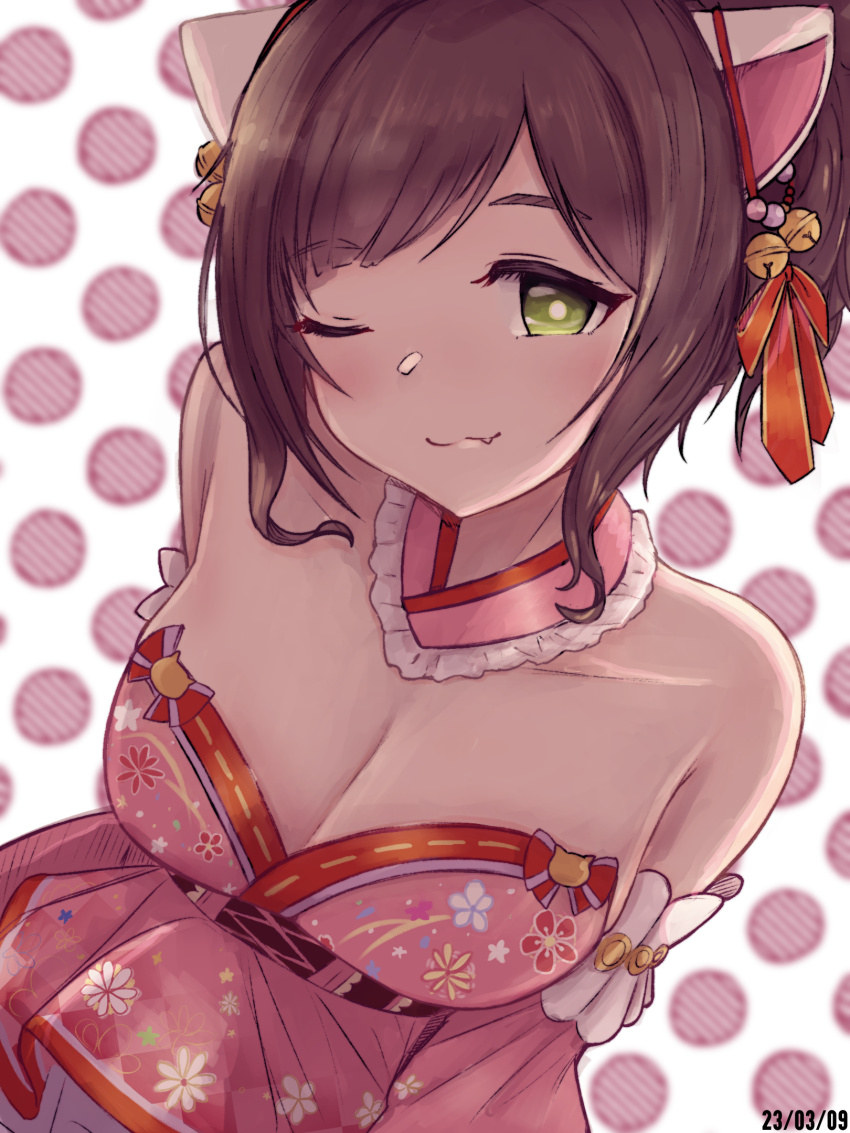 1girl ;) bare_shoulders blush breasts bright_pupils brown_hair cat cleavage collar collarbone dated detached_collar detached_sleeves fang floral_print frilled_collar frills highres idolmaster idolmaster_cinderella_girls japanese_clothes kimono koitusmile large_breasts light_smile looking_at_viewer maekawa_miku one_eye_closed pink_kimono polka_dot polka_dot_background smile solo strapless_kimono swept_bangs upper_body