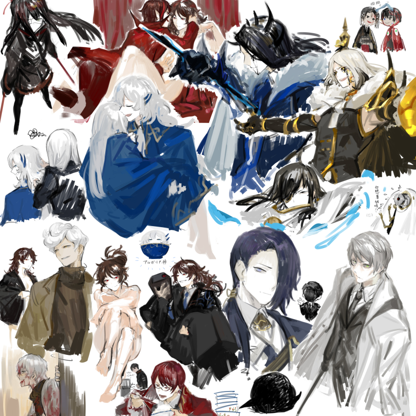 angelica_(project_moon) argalia_(project_moon) astolfo_(project_moon) back_hair black_jacket black_necktie black_pantyhose brown_sweater cape carrying closed_eyes closed_mouth coat e.g.o_(project_moon) elena_(project_moon) esther_(project_moon) gauntlets gloria_(project_moon) gold_rush_(e.g.o) highres hokma_(project_moon) jacket jae-heon japanese_clothes kimono knight_of_despair library_of_ruina long_hair long_sleeves miris_(project_moon) necktie nishikujic nosferatu_(project_moon) nothing_there nude pantyhose princess_carry project_moon purple_hair red_cape red_hair roland_(project_moon) simple_background sweater tenma_(project_moon) the_sword_sharpened_with_tears_(e.g.o) turtleneck turtleneck_sweater valentin_(project_moon) very_long_hair white_background white_cape white_coat white_hair